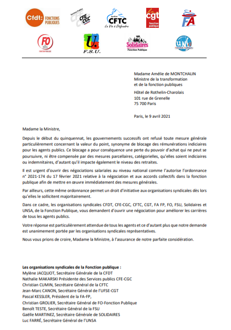 Lettre intersyndicale à la ministre de la transformation et de la fonction publique