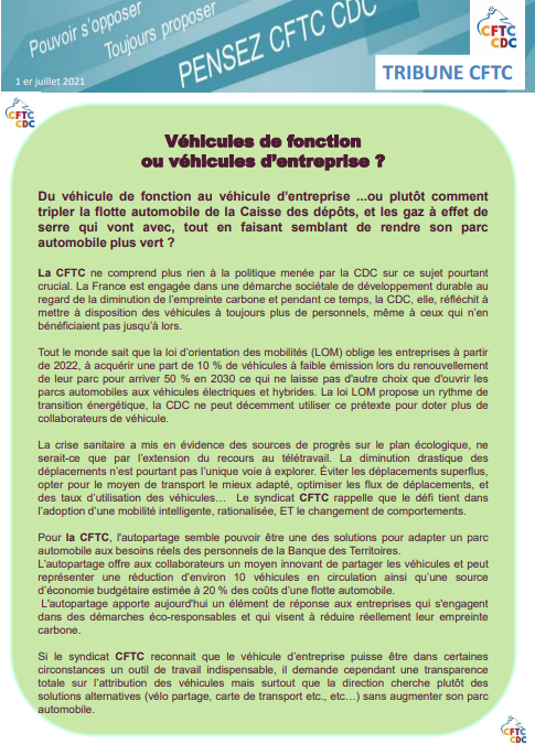 Tribune CFTC juillet 2021 : Véhicules de fonction  ou véhicules d’entreprise ?/ CPA